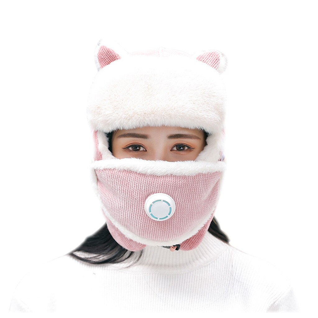 Dam skidmask mössa dam plus sammet förtjockning stickad ansiktsmask vinter kvinnlig jakt öra varm träningsmössa czapka zimowa: Rosa
