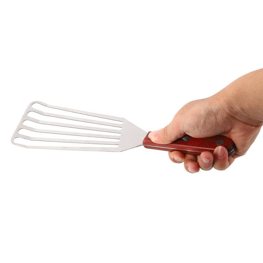 Multifunktions stekspatel i rostfritt stål med trähandtag slitsad vändare spade spatel kök matlagning grillverktyg