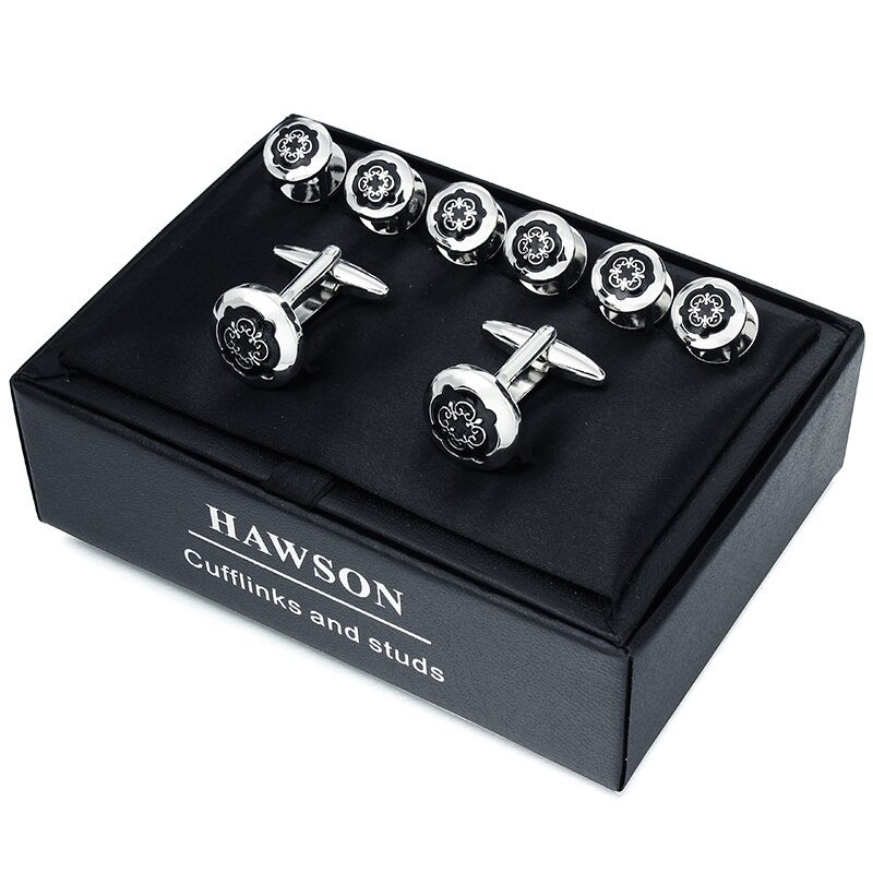 Hawson botões de punho preto tuxedo studs conjunto para homem-2 pces abotoaduras com 6 peças parafusos na caixa de presente