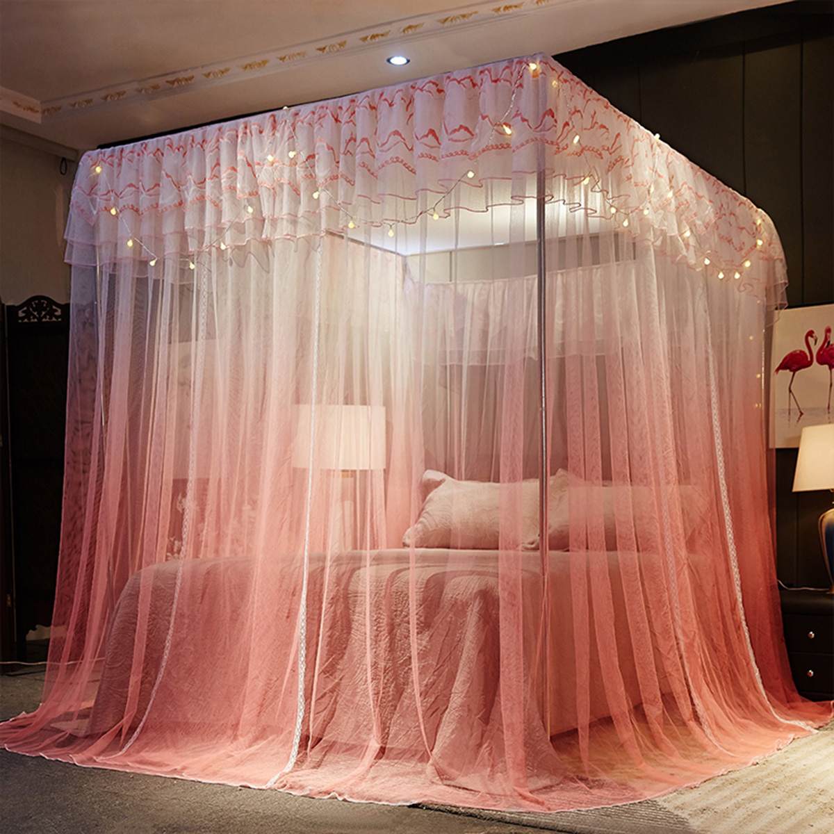 Mosquito Net Romantic Lace Bed Canopy Nets Three-door Bed Curtain Home Textiles Decor Without Frame: F