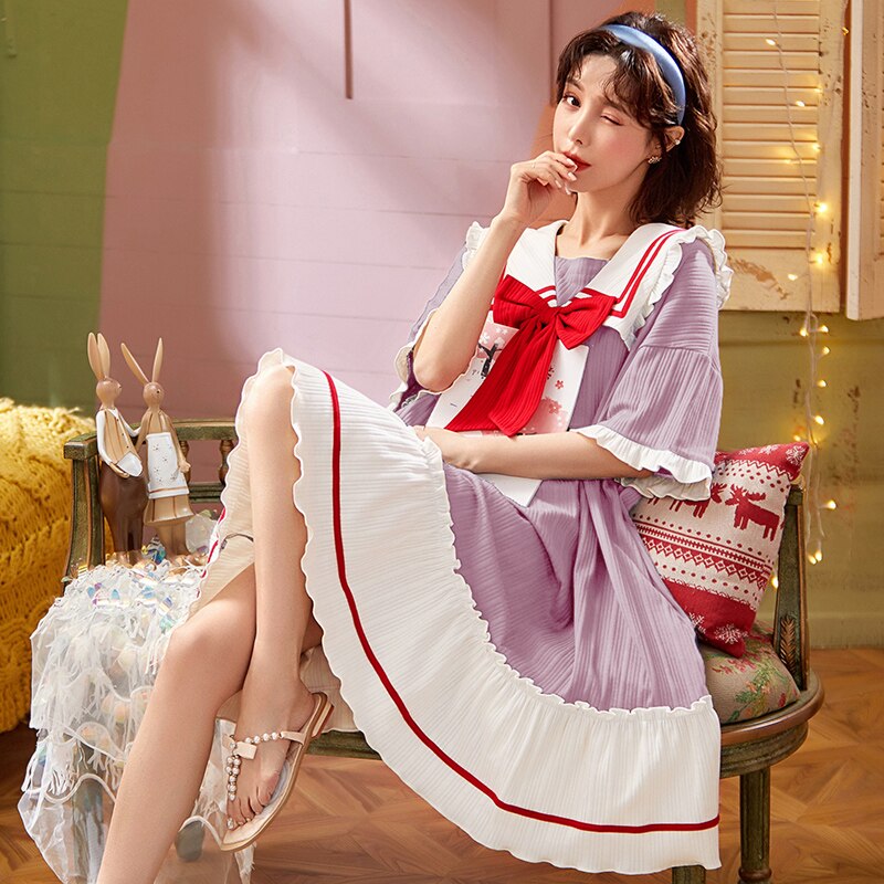 nouvelles Femmes Chemises de Nuit Chemise de Nuit En Coton Mignon Vêtements De Nuit Douce Princesse Manches Courtes Vêtements De Nuit De Salon D'été Lâche Homewear: dlf23005 / M