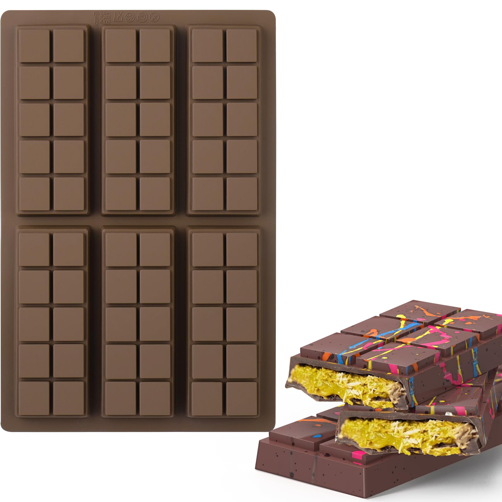 Stampo per tavoletta di cioccolato a 6 fori, stampo per tavoletta di cioccolato spesso riempito in silicone Knafeh Barra di cioccolato al pistacchio (10 bottoni) e sacchetti da 100 pezzi): Cioccolato