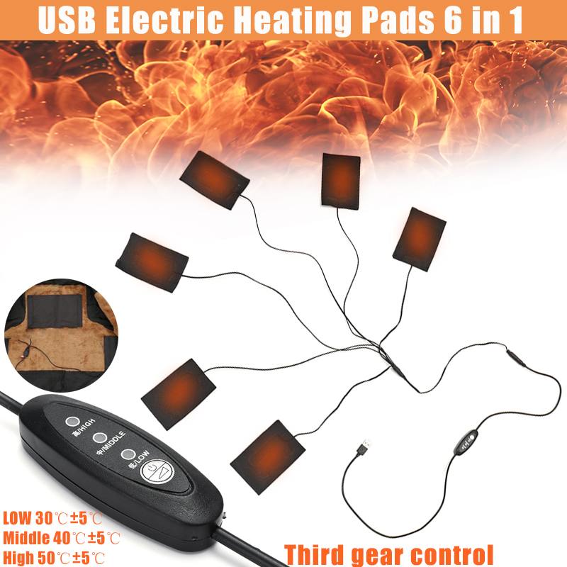 Almohadilla de calefacción eléctrica Usb de 5v 12v con 3 velocidades, temperatura ajustable, calentamiento rápido, almohadilla de calentador de fibra de carbono para chaleco y chaqueta de tela: 6 pads