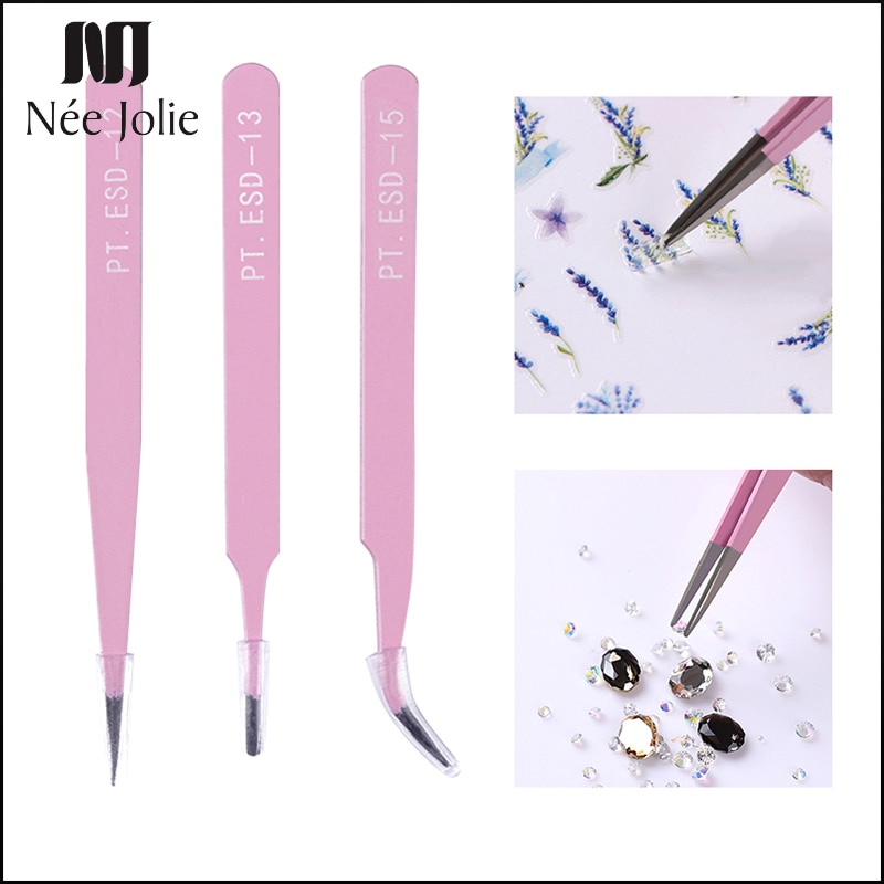 NEE JOLIE 1 Pc Rvs Pincet Rechte Gebogen Tweezer Hoek Hoofd Strass 3D Sticker Picker Manicure Beauty Nail Tool