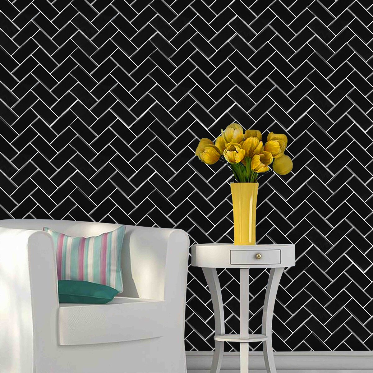 Black Herringbone Style Wall Tiles DIY Kitchen Backsplash Peel And Stick Tiles Waterproof Vinyl Wallpaper