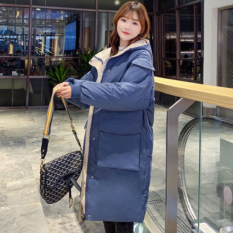 #39 vinterjakker x-lang vinterfrakk for kvinner hette korea-stil tykk solid stor lomme, løse parkas dame