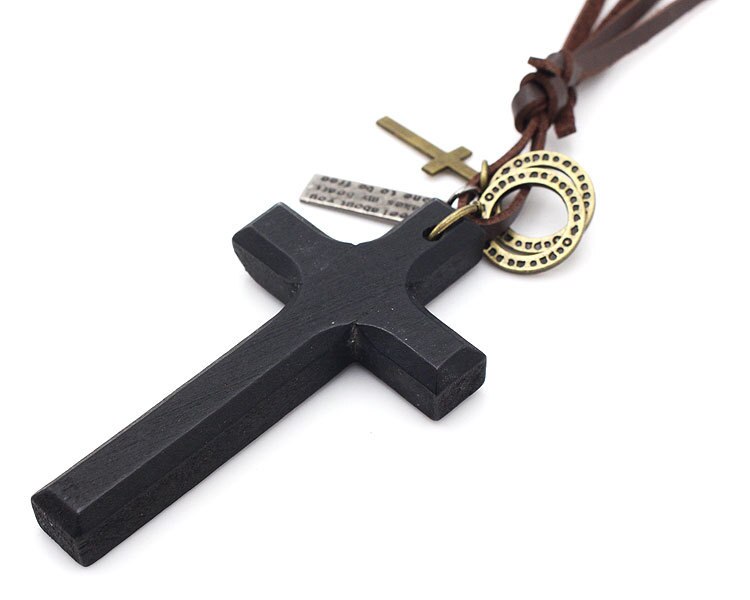 Vintage sort brun kors vedhæng halskæde til mænd kvinde træ krucifiks bøn kristne religiøse halskæder mandlige smykker: Sort