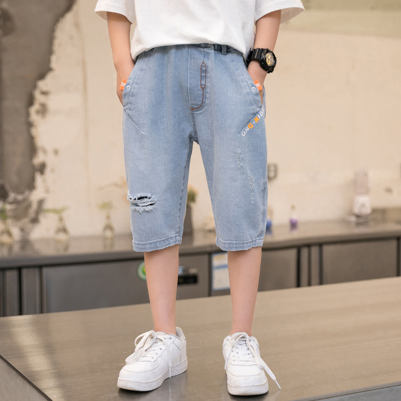 Jongen Zomer Korte Broek Grote Jongens Denim Shorts Kinderen Gescheurd Patchwork Gewassen Casual Knie Lengte Broek Tiener Kleding Maat 10/12