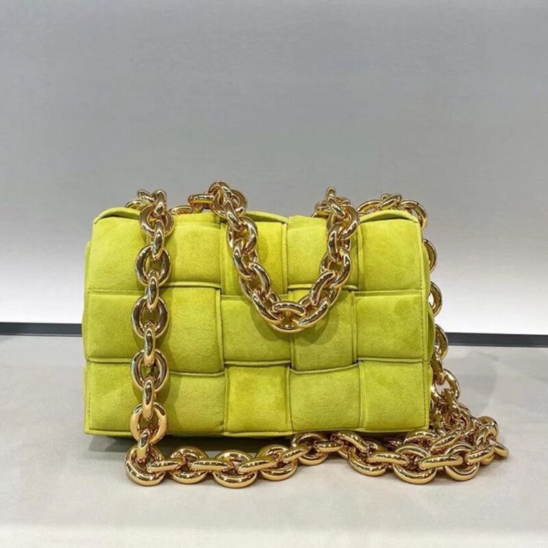 Thick Metal Chain Frosted Suede Shoulder Bag Women Woven Soft Square Crossbody Bags Female Purse: Yellow