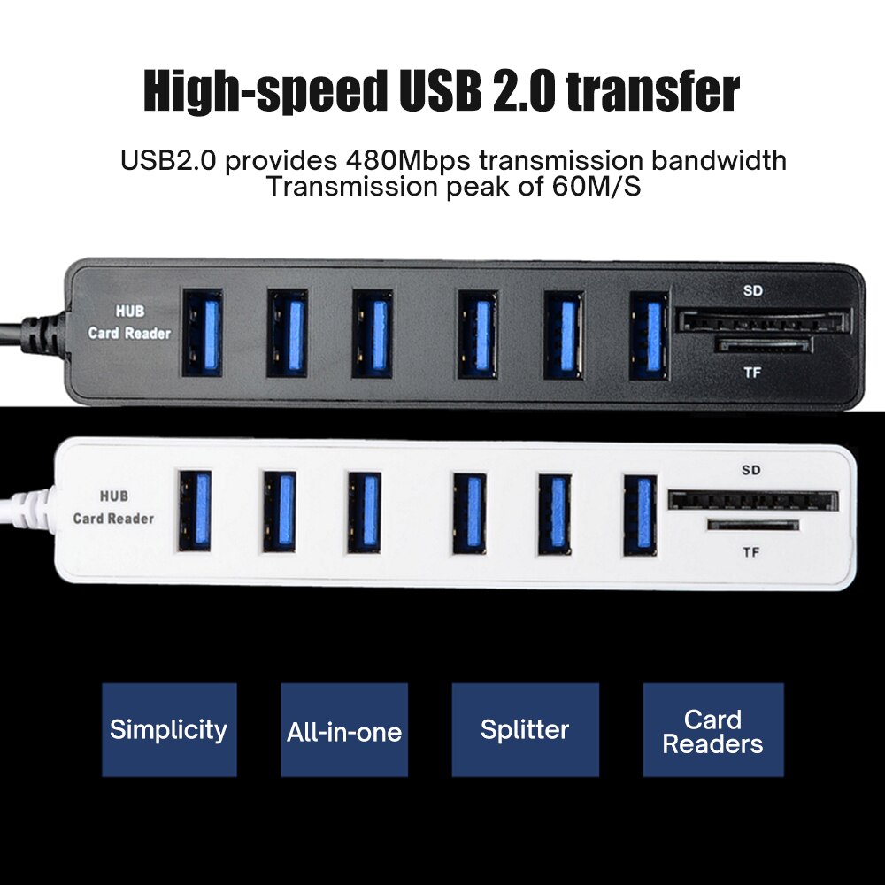 8 in 1 USB 2.0 Hub Expander Adapter Multiple 8/5 port USB Splitter HUB High Speed 2.0 Hub TF SD Card Reader For PC Laptop