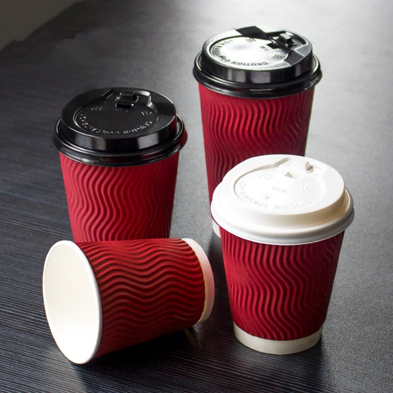 50Pcs Red Gegolfd Anti-Brandwonden Isolatie Dik Papier Cup 400Ml Wegwerp Koffie Sojamelk Drink Verpakking cups Met Deksel