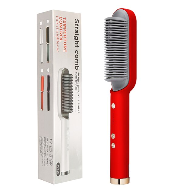 Multifunctional Hair Straightener Brush 2 In 1 Heating Hair Comb Brush Anti-Scald Iron Straightening Brush Styler Tools: Red with Box