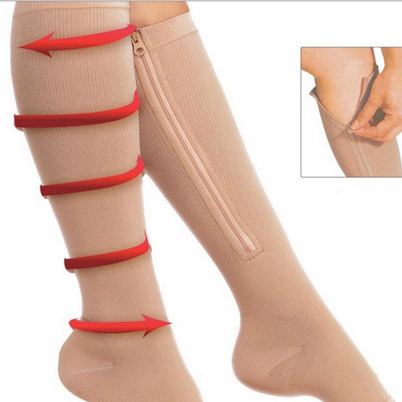 Compression Socks Men Women Support Knee Zipper Socks Female Open Toe Thin Anti-Fatigue Stretchy Sox High Socks Unisex