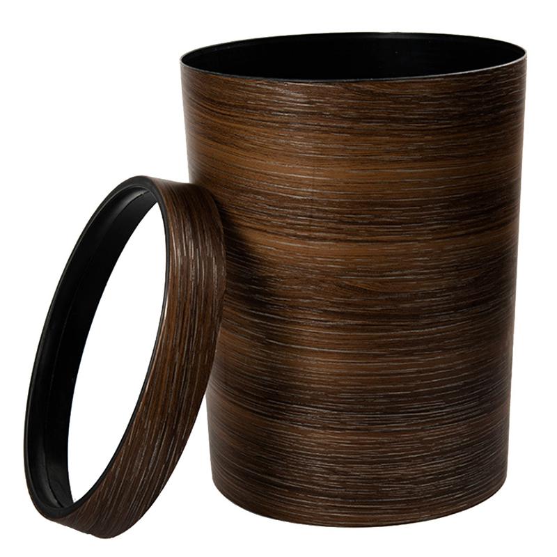 HIPSTEEN Retro Style Pressing Ring Plastic Trash Can Household Office Mimetic Wood Grain Garbage Bin - Dark Brown: Default Title