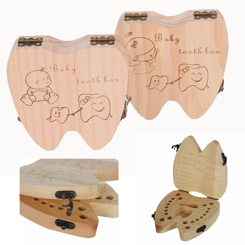 Engelsk tand form baby træ tand opbevaringsboks børn mælketænder gemmer sag souvenir boks børn tænderkasse dreng pige tandholder