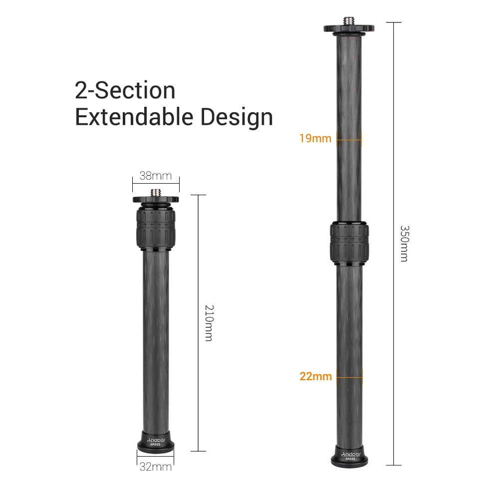 Andoer ER252 25mm Tube Diameter Carbon Fiber Tripod Extender 2-Section Center Column Extension Tube: 22mm