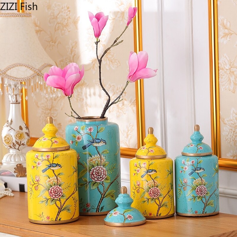 Bocaux de rangement en porcelaine à motifs de fleurs peintes, pot à bonbons Antique, boîte à thé, Vase en céramique polyvalent, décor Vintage pour la maison
