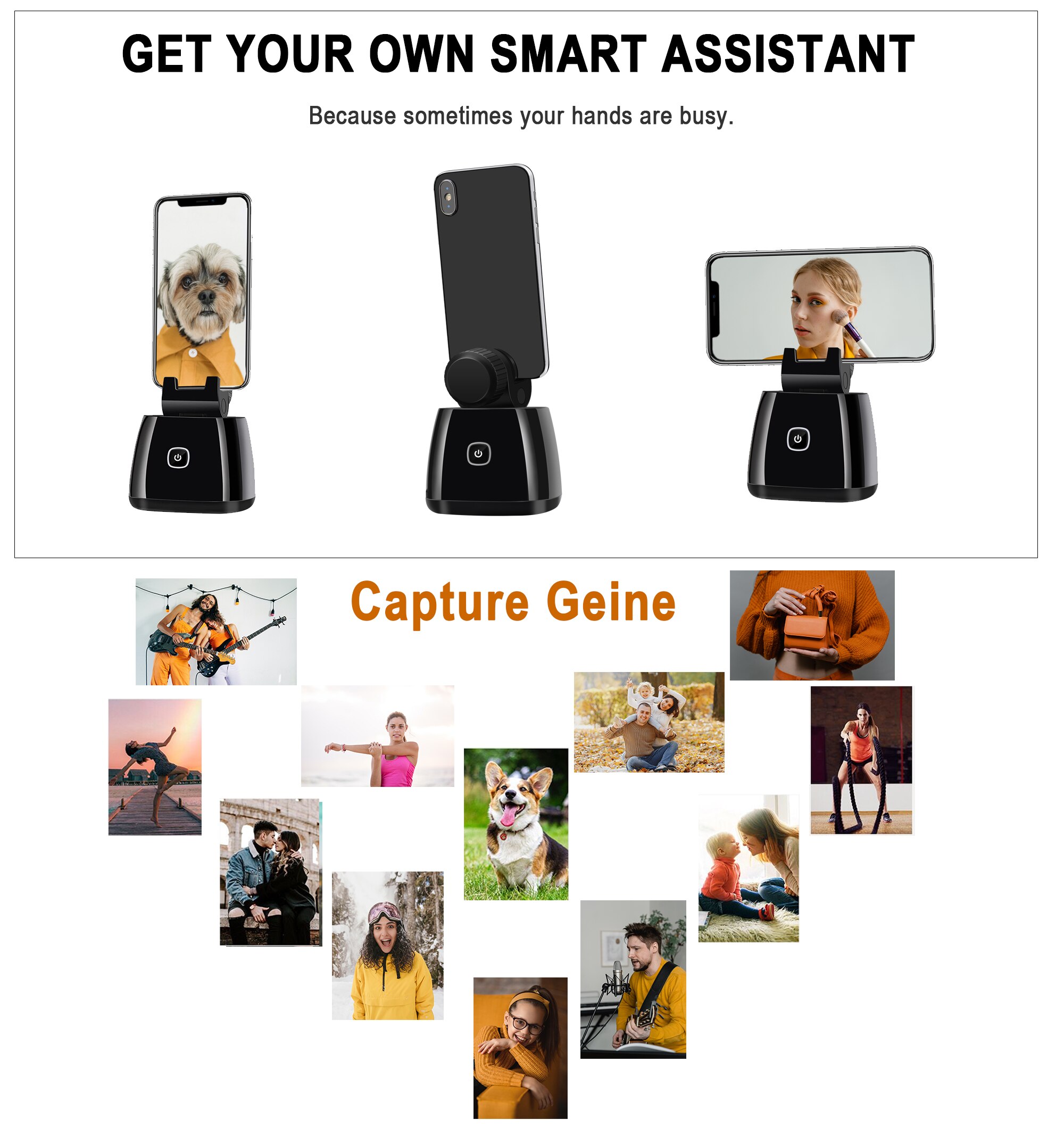 Capture Genie auto smart shooting selfie stick 360 rotation phone holder ai face tracking gimbal camera mount for video vlog