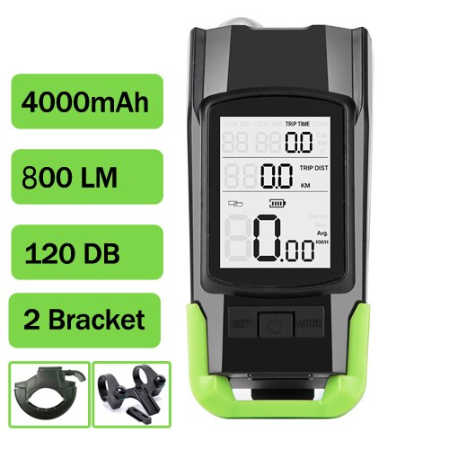 Wireless Bicycle Computer MTB Cycling Bike Odometer Stopwatch Speedometer Integrated 800LM Headlight 120DB Horn Accessories: Green C