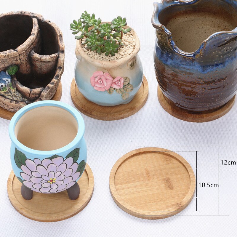 Flower Pot Trays Bamboo Display Square Round Flower Rack Micro Plant Holder Stander Receive Water for Office Garden Decoration: 10.5CM