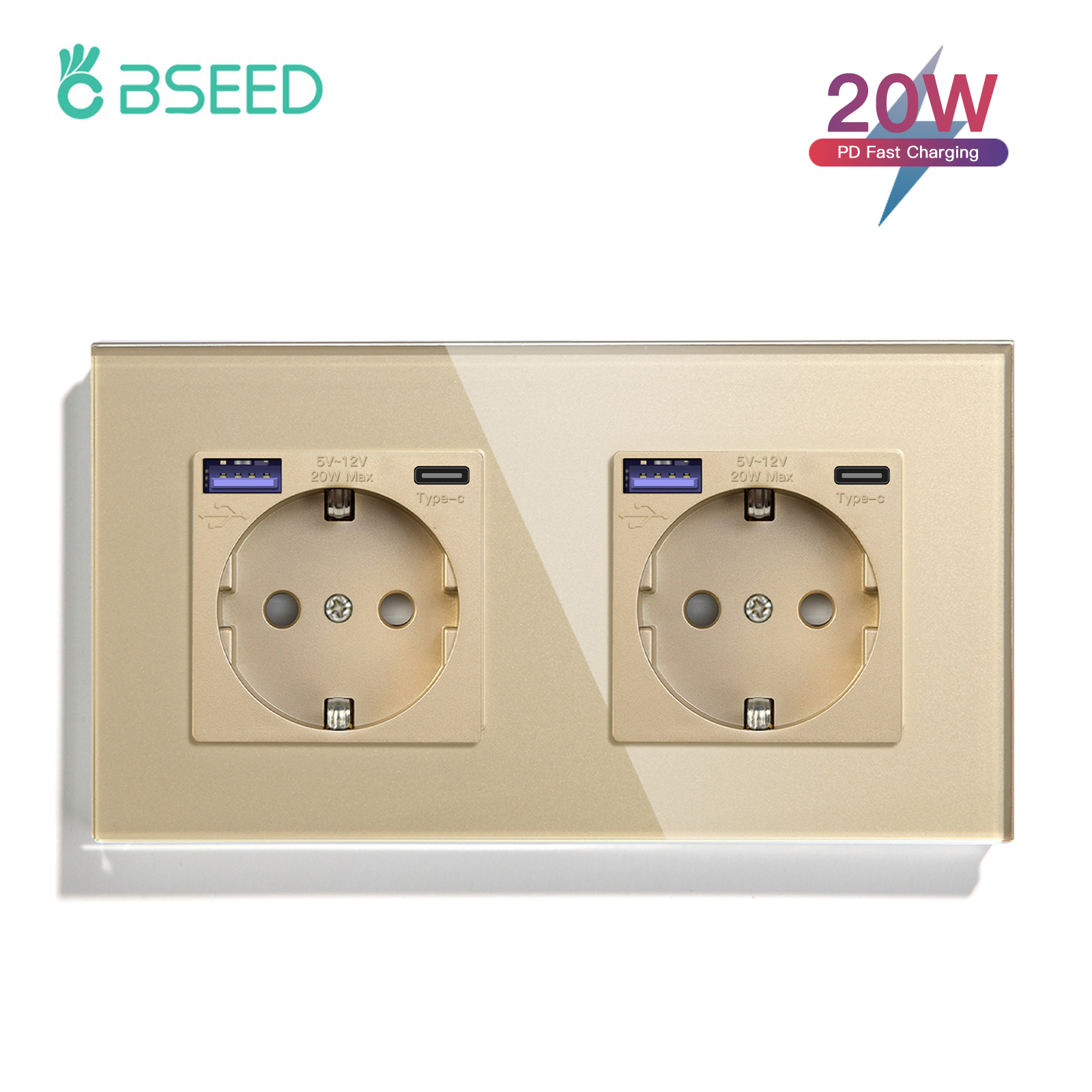 BSEED-Prise murale double standard UE, panneau en verre cristal, 3 couleurs, blanc, noir, doré, 16A, 110V-240V: Autre