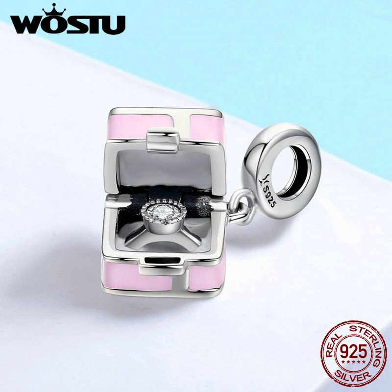 Wostu Originele 925 Sterling Zilver Romantische Roze Doos Trouwen Me Verrassing Voorstel Charm Hanger Fit Armband Diy Sieraden CQC549