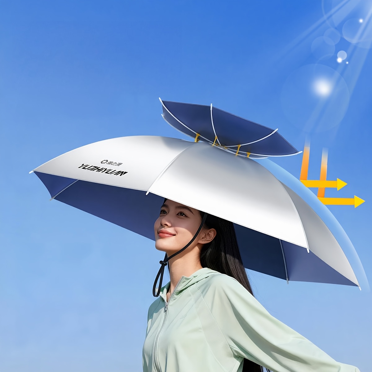 Hoofdgemonteerde zonneparasolhoed | Zilverkleurige lijm met UV-bescherming, handsfree, draagbaar en opvouwbaar voor buitengebruik bij vissen en landbouw
