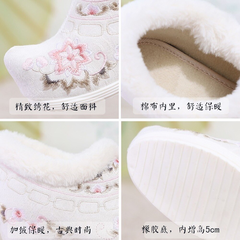 Botines Bordados florales para mujer, forro de piel Hanfu, cálidos zapatos de tacón oculto para nieve, Estilos chinos, 3 colores de princesa