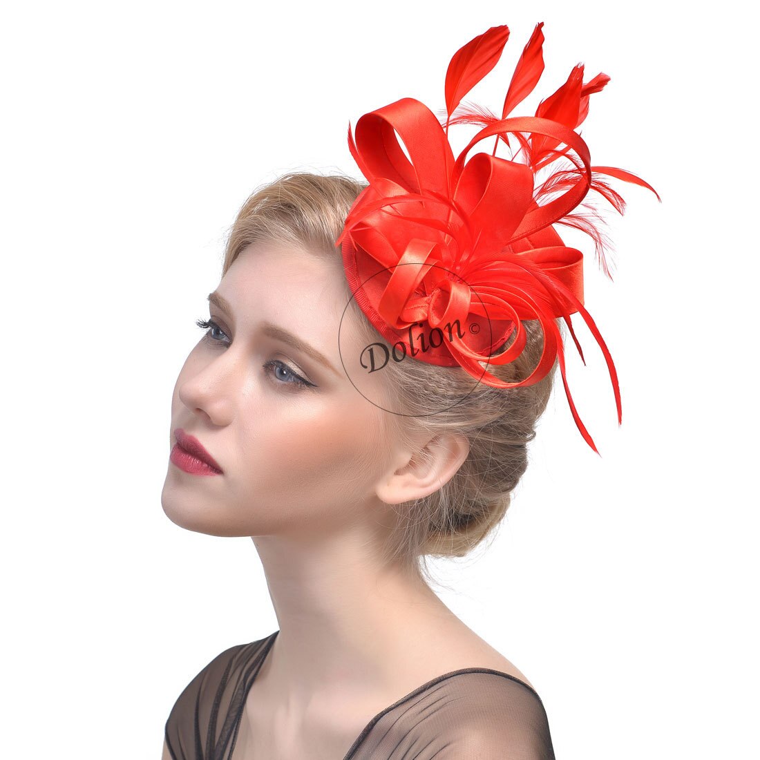Señora sombrero de fieltro chicas maquillaje sombrero femenino estilo británico malla tocado Accesorios nupciales para el cabello sombreros de B-8295: Rojo