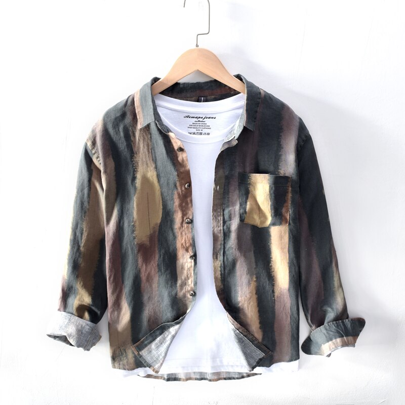 Print herre skjorte tøj hør bomuld åndbar blød herre toppe langærmede lomme skjorter camisas  tb626: Militærgrøn / Xxl  (70kg-80kg)
