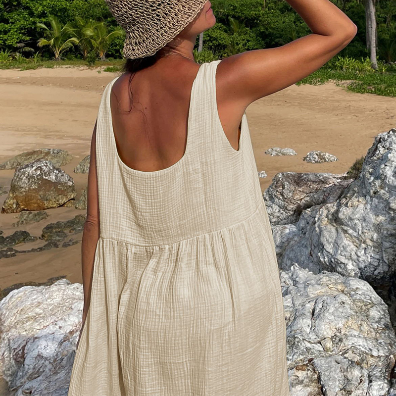 Nieuw 100% Katoen Gaas Jurk Voor Vrouwen 2023 Vierkante Kraag Mouwloos Open Side Lange Jurk Zomer Comfortabele Strand Outfit