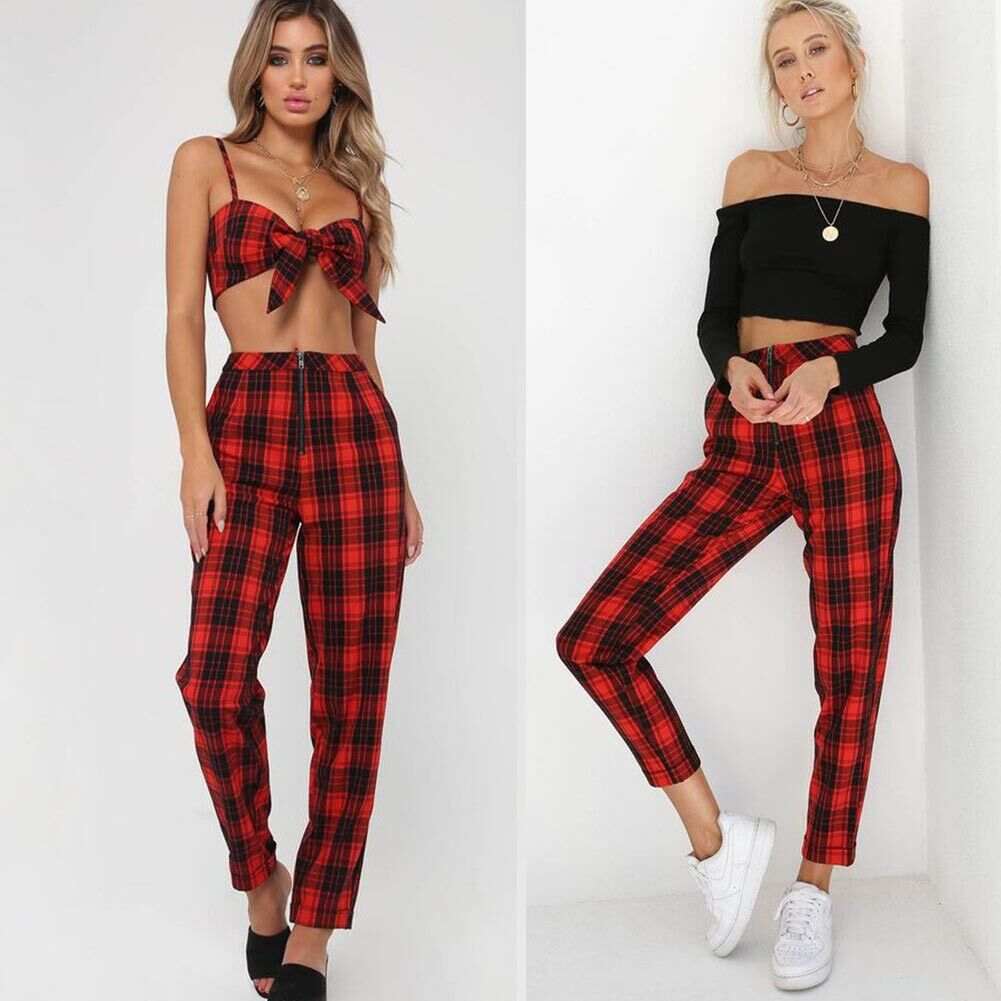 Klassische Plaid Hosen Frauen Reißverschluss Dünne Denim Büro lässig Hohe Taille Jeggings Bleistift Hosen Hosen Streetwear: verrotten / XXL