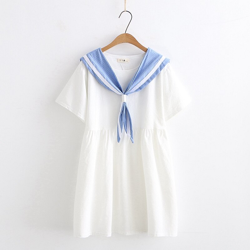 Sommer japansk mori dame college vind marine stil kat broderet bomuld og hør pige kjole studerende løs sømandsdragt