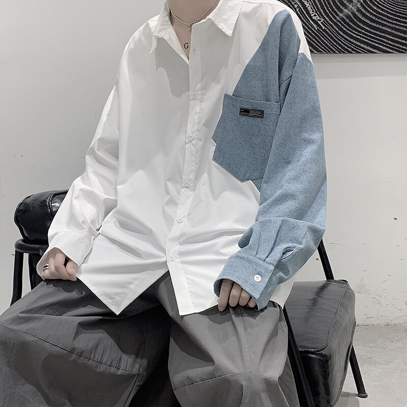 Oversized Denim Patchwork Shirts for Men Trends Clothing Teens Harajuku Long Sleeve Button Jeans Blouses