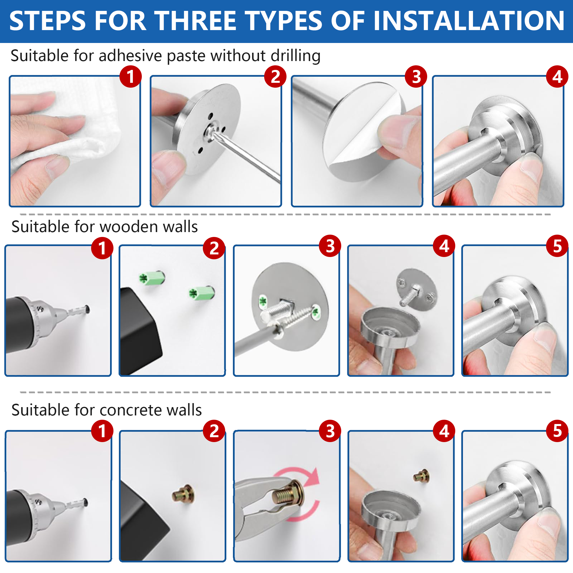Door Stopper, Rubber Door Stop - Wall Mounted with Dual Installation (Adhesive & Screws) - Stainless Steel T-Shaped Bumper with