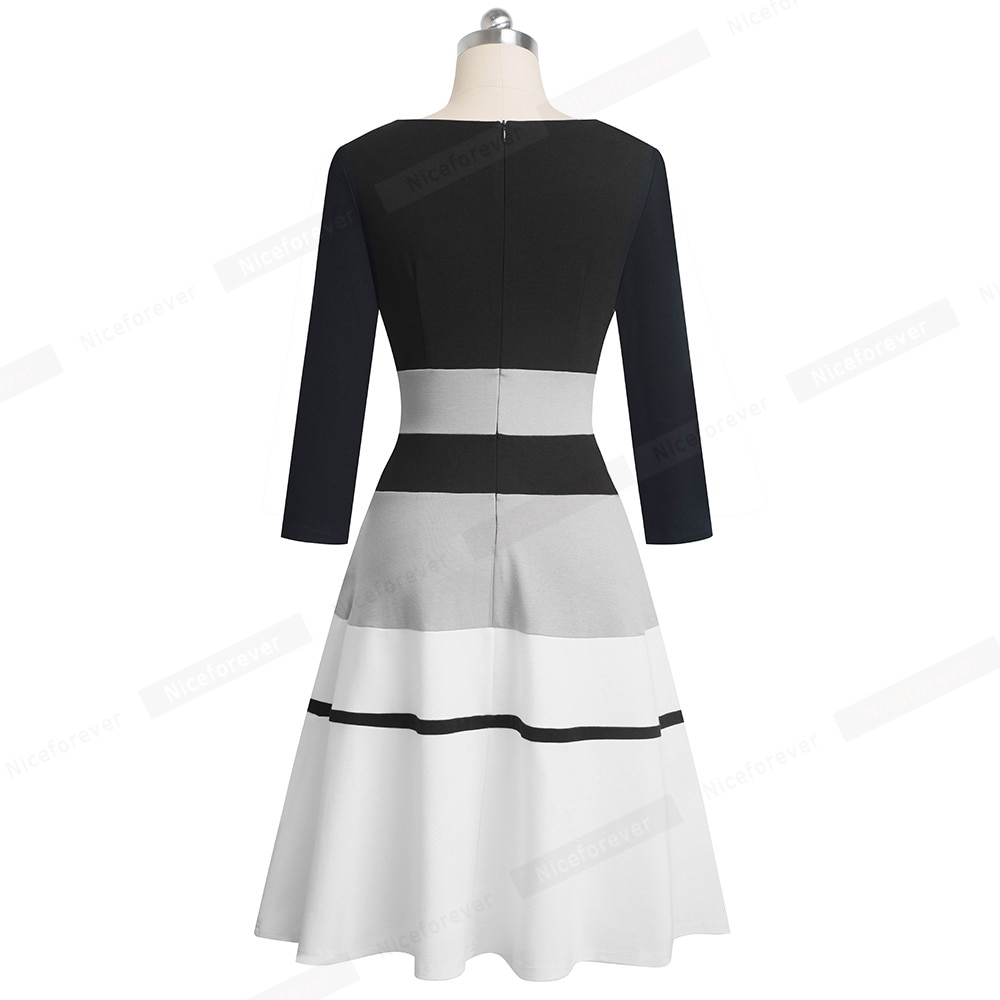 Nice-forever Retro Contrast Kleur Patchwork vestidos Business Party Flare A-lijn Vrouwen Winter Jurk A173