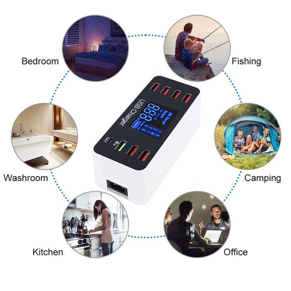 8 Multi-Port USB Adapter Desktop Wall Charger Smart Quick Charging Station For Mobile Phone Tablet Hub With LCD Display