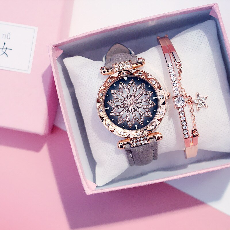 Women Watches Set Starry Sky Ladies Bracelet Watch Casual Leather Sports Quartz Wristwatch Clock Relogio Feminino: Grey With Bracelet