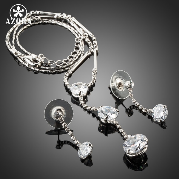 AZORA White Gold Color Stellux Austrian Crystal Water Earrings and Necklace Jewelry Set TG0037