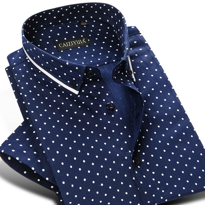 Men's Casual Short Sleeve Polka Dot/Triangle Printed Shirt Standard-fit Contrast Patchwork Tops Button-down Cotton Shirts