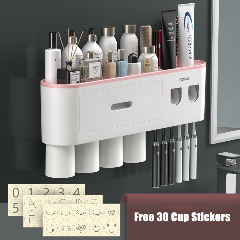 Magnetic Adsorption Inverted Toothbrush Holder Double Automatic Toothpaste Squeezer Dispenser Storage Rack Bathroom Accessories: Pink with 4cups
