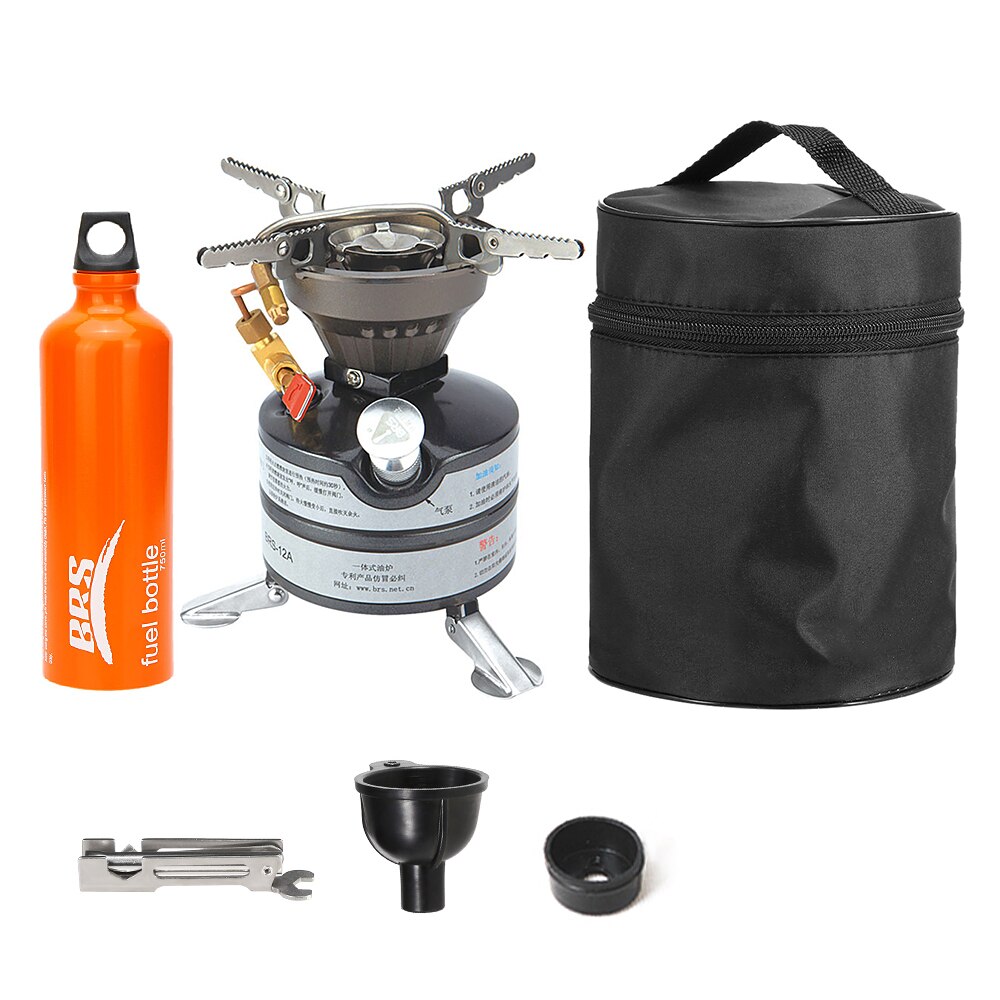 Portable One-piece Outdoor Gasoline Stove Camping Hiking Burner with 750ml Empty Gas Tank Fuel Bottle and 8-Plate Windshield