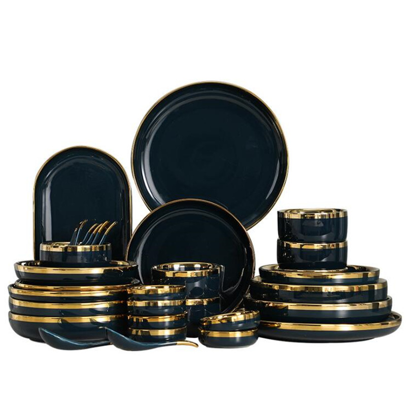 Gilt Rim Dark green Plate Steak Food Nordic Style Tableware Bowl Ins Dinner Dish High End Porcelain Dinnerware Set