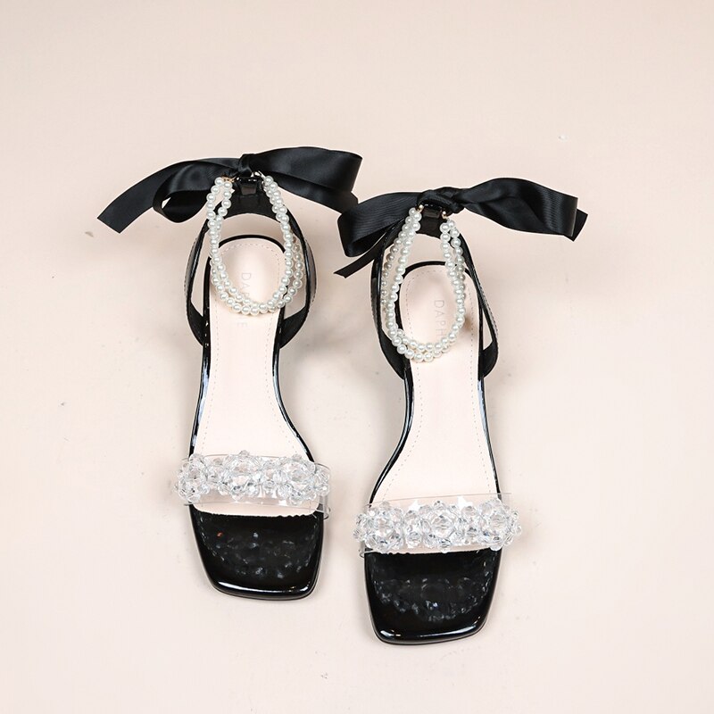 Sandales à talons hauts pour femmes, ruban de perles Transparent, moyen avec sandales, chaussures à bout ouvert, chaussures à plateforme à la: Black / 37