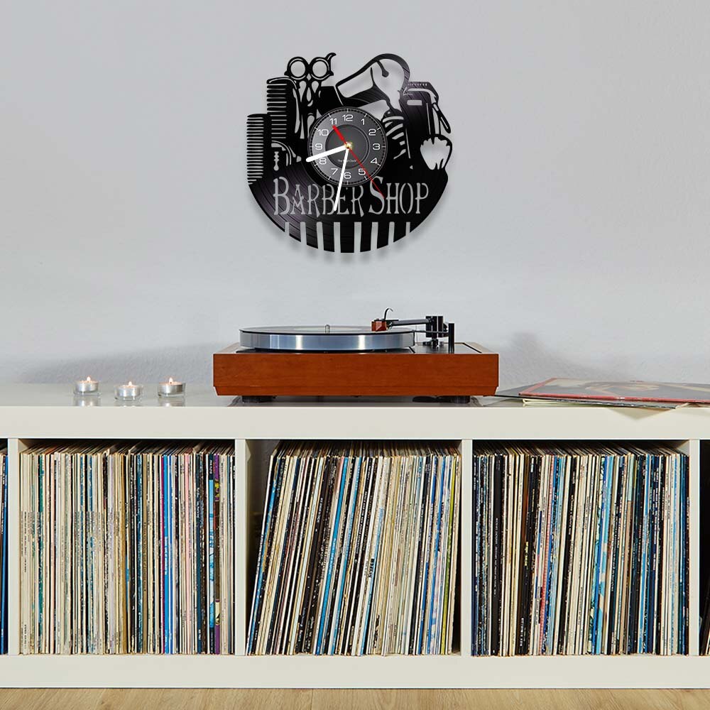 Barber Shop Wall Clock With LED Backlight Barber Tools Hair Cutting Gramophone Record Wall Watch For Barber &amp; Hairdresser