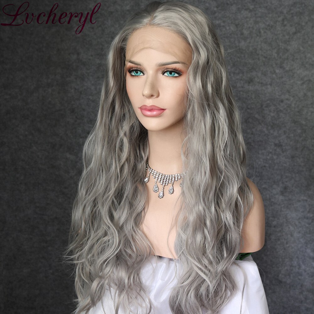Lvcheryl Natural Long Grey Color Synthetic Hair Wigs Party Wigs Heat Resistant Hair Lace Front Wigs for Women