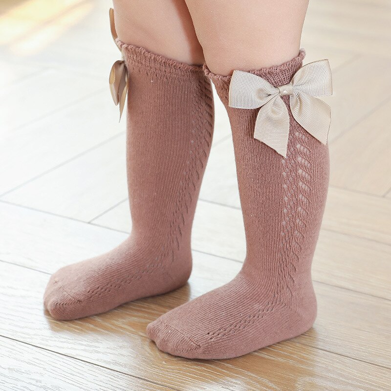 Chaussettes mignonnes pour bébé fille, avec nœud, en maille, pour -né, en coton, de couleur unie, pour enfants de 0 à 3 ans