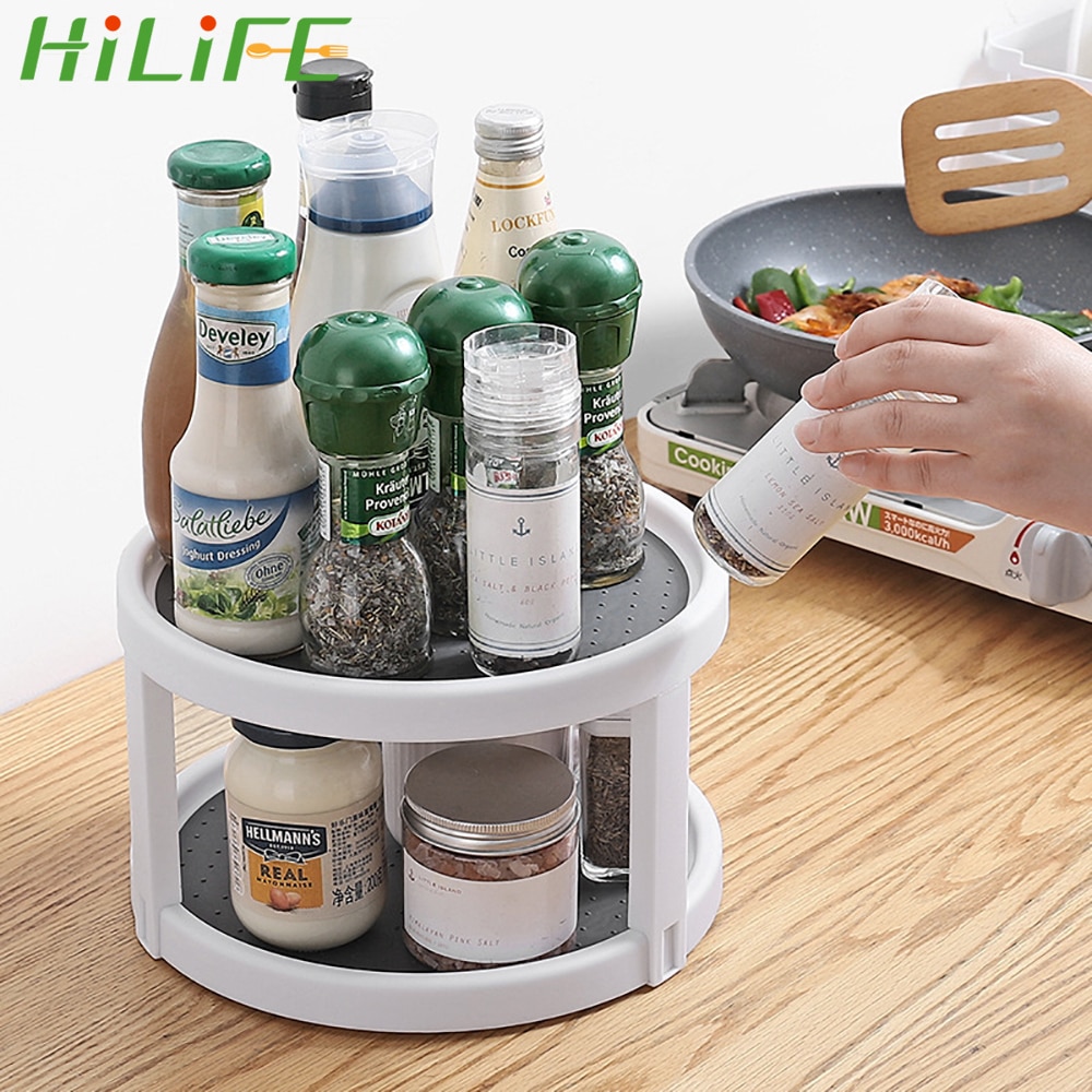 HILIFE Condiment Storage Rack 2 Tier Spice Rack Round Shelf Pantry Cabinet Turntable Rotating Organizer Kitchen Storage Tray