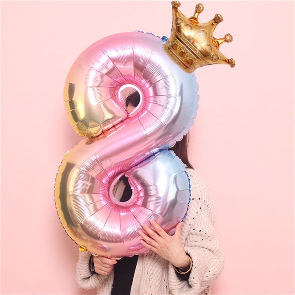 Large 32inch Helium Air Digit Figure Big Crown Number Foil Balloon Birthday Party Decorations Kids Fast: MULTI