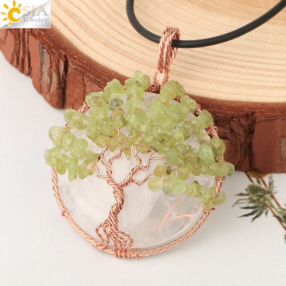 CSJA Natural Cabochon Stone Tree of Life Pendant Rose Gold Color Wire Wrap Chip Bead Wisdom Tree Healing Women Men Necklace G193